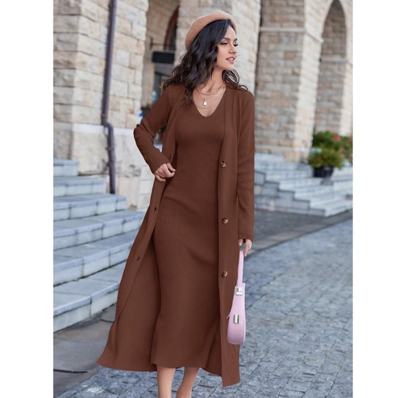 Rouge! Dresses & Skirts - 2 Piece Set: Knit Midi Pencil Dress and Long Cardigan Button Through Brown